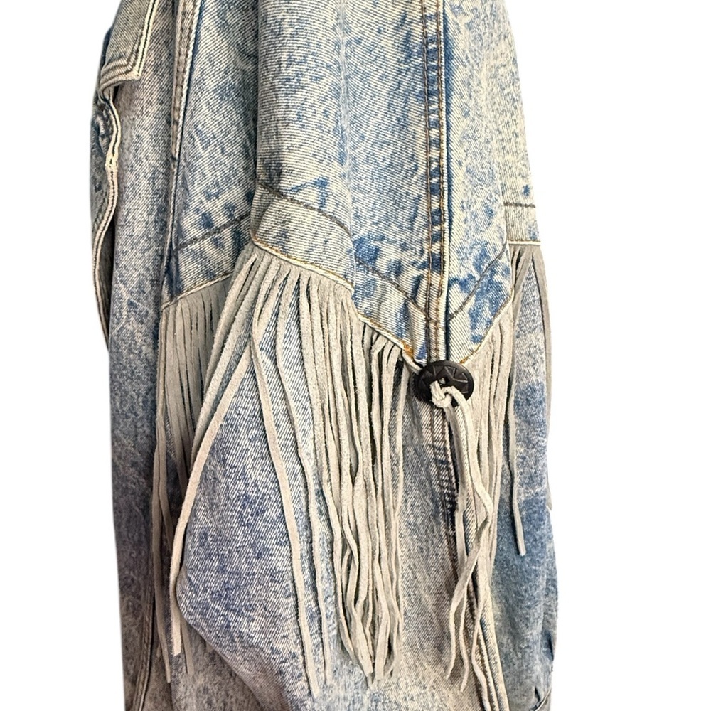 Vintage Rock Creek Distressed Fringe AcidWash Leather Fringe Jean Jacket Sz 18W - Picture 7 of 12